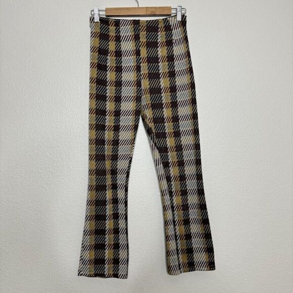 Free People Pants Sz 2 Plaid Checkered Kick Flare Cropped Knit 70s Hippie Retro - Picture 14 of 15